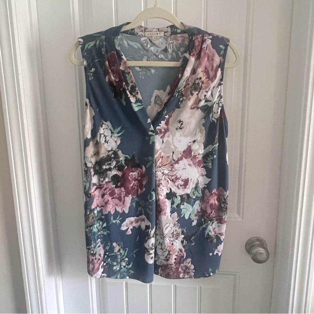 Beacon Smokey Blue Floral Sleeveless Top